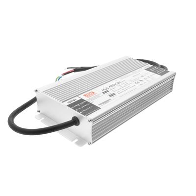 LED controller with heat sink, black cables and sticker with technical data and certification logos. Rectangular design for efficient lighting solutions.