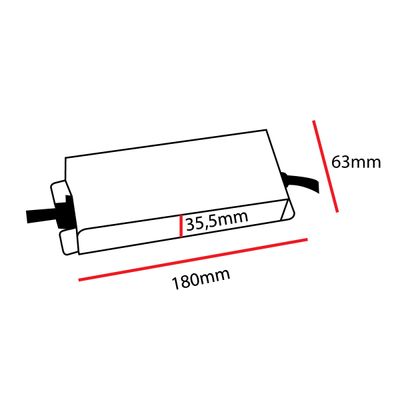 Diagram of LED lighting fixture: length 180 mm, width 63 mm, height 35,5 mm, two cables at each end for connection.