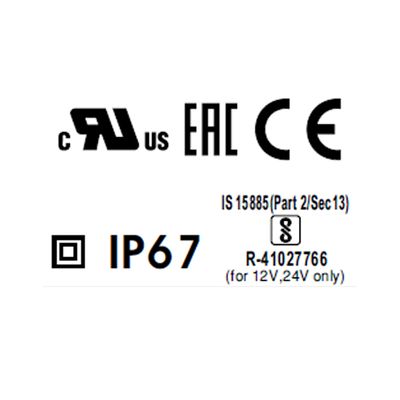 Conformity symbols indicating IP67, EAC and CE certification of the device.
