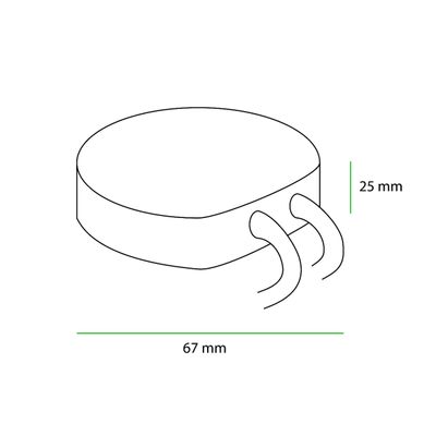Diagram of a cylindrical LED with two wires, marked at 25 mm height and 67 mm length - Perfect for high quality lighting needs. Visit our shop for more options!