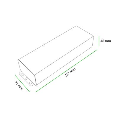 Schematic of a rectangular box measuring 257 mm long, 71 mm wide and 48 mm high, ideal for LED lighting storage solutions.