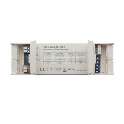 Rectangular dimmable DALI LED controller with wiring connectors at both ends. Specifications for efficient lighting control.