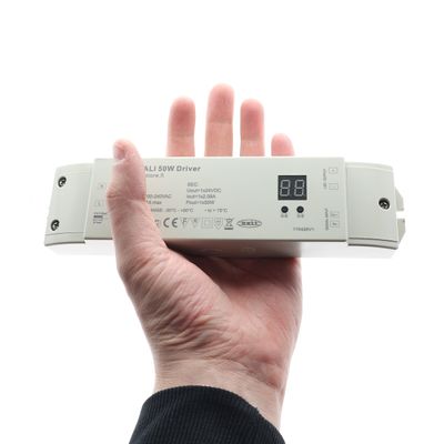 Handheld rectangular white DALI 50W controller with digital display, LED controller for lighting systems.
