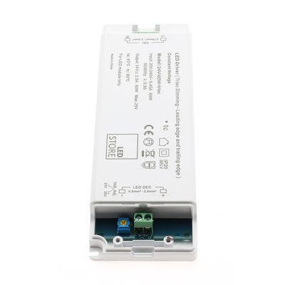 LED controller in white housing with visible input/output information and connectors for efficient lighting solutions.