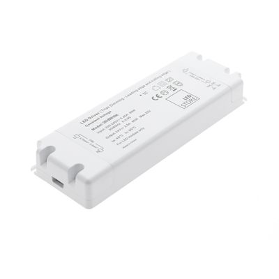 "Rectangular white LED controller displaying technical information and safety symbols for efficient lighting solutions