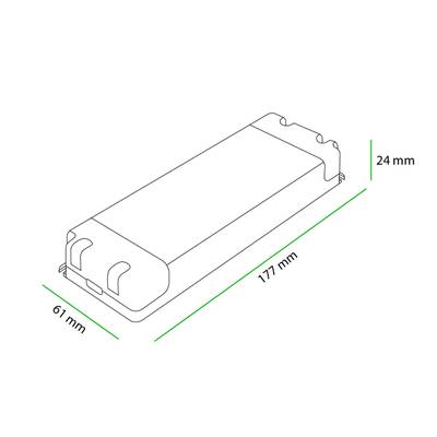 3D sketch of a rectangular LED component, dimensions: width 61 mm, length 177 mm, height 24 mm for energy efficient lighting solutions.