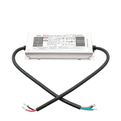 Close-up of a rectangular LED controller with marked inputs and outputs. Includes attached black cables terminating in bare wires for easy connection.