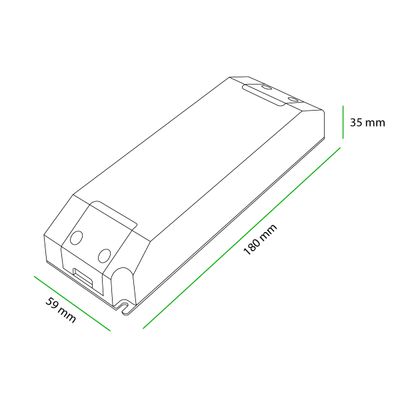 Line drawing of a rectangular LED component, dimensions: 180x59x35mm, illustrated with black and green lines. Ideal for LED lighting SEO.