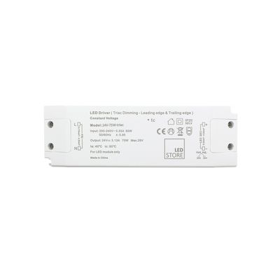 Close-up of a white LED controller showing voltage, current and power specifications; an essential part of LED lighting systems.