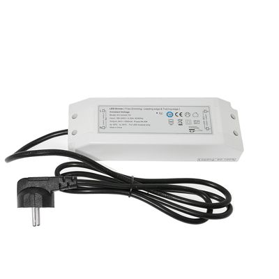 White rectangular LED controller with two-pole plug, black cable and energy efficient lighting information and symbols.
