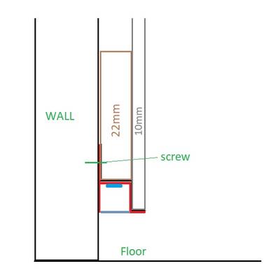 LED lighting installation diagram, side view of wall and floor, showing screw fixings at 22 mm and 13 mm.