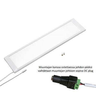 Rectangular white LED panel luminaire, surface mounted, with power cord and fixing screws on a white background.