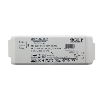 Rectangular white GLP GTPC-50-12-D LED driver, dimmable, specifications, lamp supply unit.