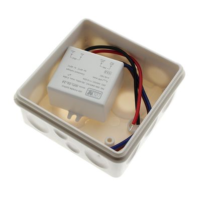 LED controller for lighting, red, black and blue wire attached, specifications marked, power supply for luminaire.