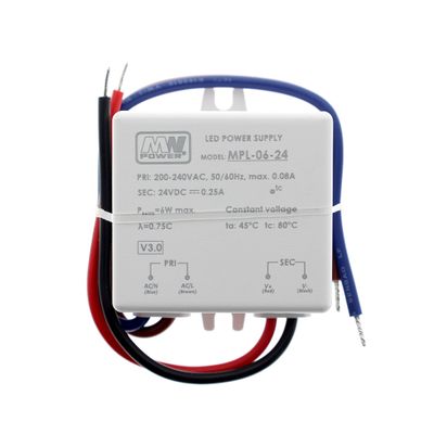 LED controller for lighting, red, black and blue wire attached, specifications marked, power supply for luminaire.
