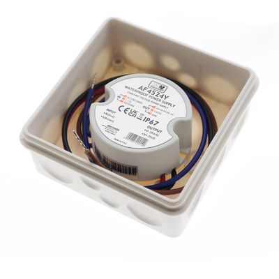 LED controller, round design, vit kapsling med märkning, connected red, blue and brown ledare