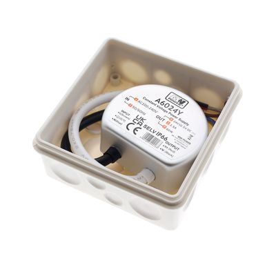 Round LED lighting relay module with connected wires, specifications and certification, lighting control