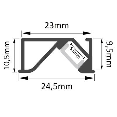 Technical drawing: cross-section of LED profile with dimensions - width 24 mm, height 10,5 mm, internal width 22,6 mm - for precision lighting installation.