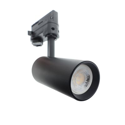 Black TA-DA rail spotlight without bulb, GU10 socket visible inside the luminaire.