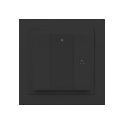 Modern black LED wall light switch, three-button minimalist design for lighting control on a white background.