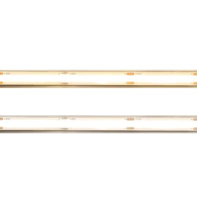 Horizontal LED strips: one with warm white, one with cool white light, colour temperature comparison on display