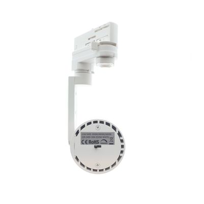 White LED track lighting with cylindrical head, rear view showing electrical information and certification labels.