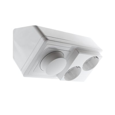 Wall-mounted LED dimmer, white, with two euro sockets for lighting control and power connection.