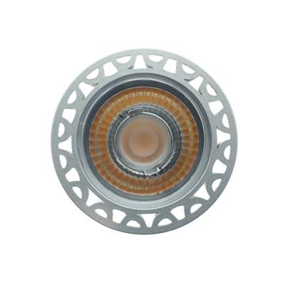 Round LED lamp, silver frame, orange accent ring, energy efficient lighting component on white background.