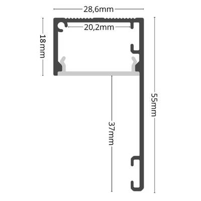 Technical drawing of black LED aluminium profile, L-shaped 28,6x55mm, inner width 20,2mm, inner height 37mm.