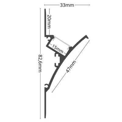 LED lighting profile cross section, showing dimensions 33mm, 20mm, 15mm, 47mm and 82.6mm for installation.