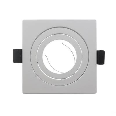 Square recessed LED downlight, gray frame, round center section, two black mounting clips on each side.