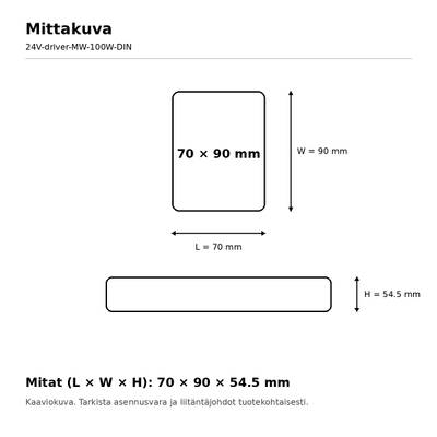 Technical drawing of an LED light fixture housing, dimensions 70 x 90 x 54.5 mm, dimensions labeled in Finnish
