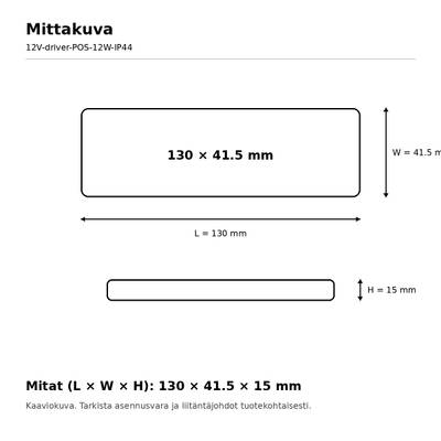 Diagram of the LED driver housing, 130 × 41.5 × 15 mm, with marked length, width, and height dimensions