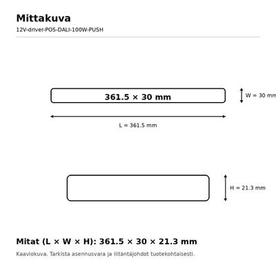 LED light fixture body diagram: length 361.5 mm, width 30 mm, height 21.3 mm; dimensions are marked with arrows.