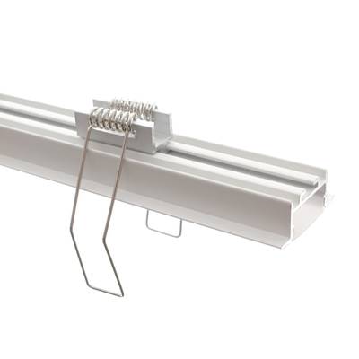 White aluminum LED profile with spring-loaded mounting clips for LED lighting.