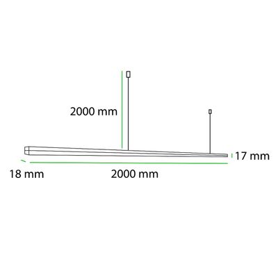 Schematic of a rectangular LED luminaire, length 2000 mm, width 18 mm, height 17 mm, suspended by two wires for modern lighting solutions.