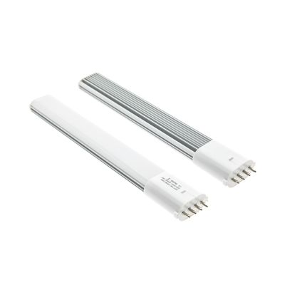 Two white and silver LED tubes with four-pole connectors, parallel arrangement on a white background - Energy efficient lighting for home and business.