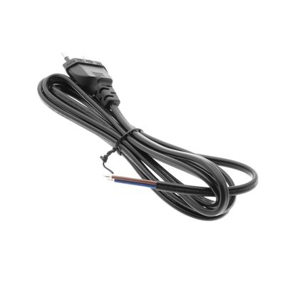 Black electrical cable with European plug, bare wires at one end, neatly coiled on a white background - ideal for LED lighting installations.