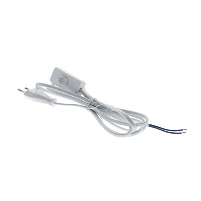 Alternative text for LED lighting movement SEO: "White electrical cable with plug, open wire and inline switch; ideal for LED lighting installations.