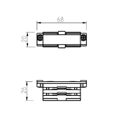 Technical diagram: dimensions of rectangular connector - top view: 68mm x 20mm, side view: height 26mm, for LED lighting components.