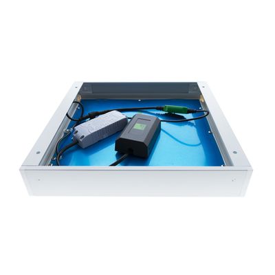 Square electronic enclosure with two connected black and grey devices on a blue background with LED illuminated shop display.