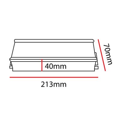 Line drawing of a trapezoidal LED luminaire housing, dimensions marked: height 70 mm, top width 40 mm, bottom width 213 mm.