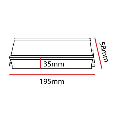 Diagram showing the dimensions of a rectangular LED light: 35 mm width, 195 mm length and 58 mm height, ideal for compact lighting solutions.