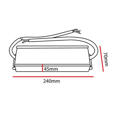 Line drawing of a rectangular LED controller: 240 mm wide, 70 mm high, 45 mm deep, with protruding wires on top. Perfect for compact LED lighting.