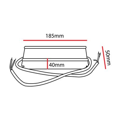 Line drawing of LED component: 185 mm wide, 50 mm high, 40 mm deep. The wires extend from both sides. Ideal for electronics and LED lighting solutions.