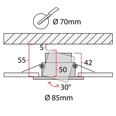 Diagram of a recessed LED luminaire with dimensions and 30 degree adjustable angle for increased lighting flexibility.