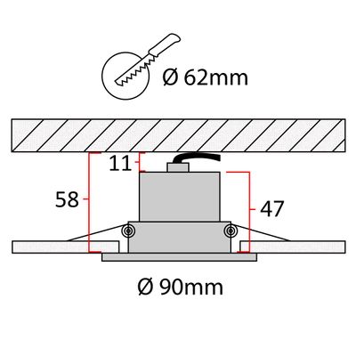 LED light mounting diagram: circular hole diameter 62 mm, luminaire depth 53 mm, external diameter 90 mm for precise fitting and efficiency.