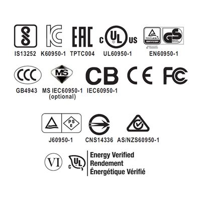CE, FCC, UL logos on a black and white background represent compliance and quality standards.
