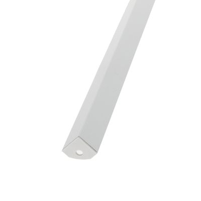 Triangular aluminium extrusion, white finish, circular hole at one end, angled view of LED strip light mounting bracket.
