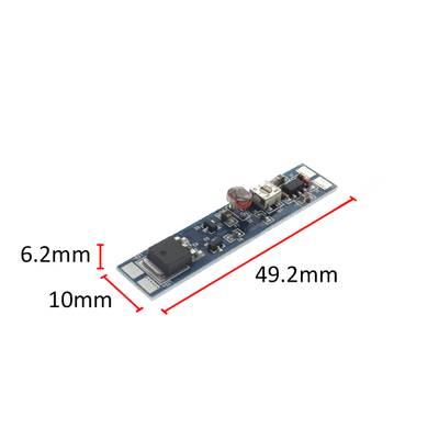 Narrow LED circuit board (49x10mm) with lighting technical information visible below.